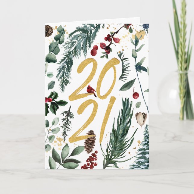 2021 Festive Pine Bough Magnolia Red Berry Holiday Card (Front)