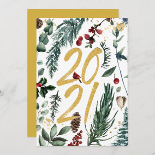 2021 Festive Pine Bough Magnolia Red Berry Holiday Card