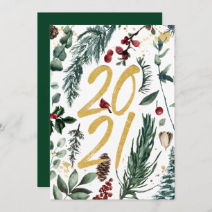 2021 Festive Pine Bough Magnolia Red Berry Holiday Card