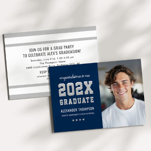 2021 Graduate Navy Grey Graduation Party Photo Invitation