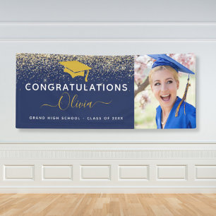 2021 Graduation Glitter Navy Blue Gold Banner