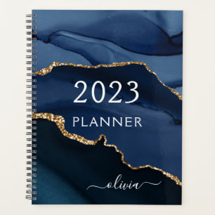 2021 Navy Blue Gold Agate Geode Script Monogram Planner