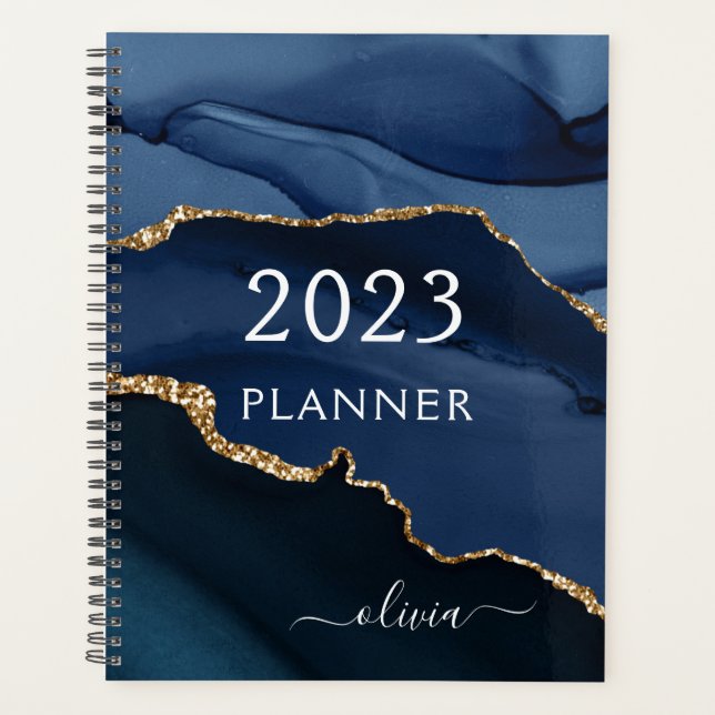 2021 Navy Blue Gold Agate Geode Script Monogram Planner (Front)