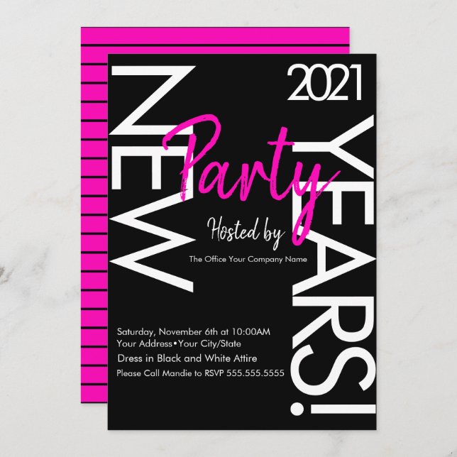 2021 Neon New Years Party Pink White Typography Invitation (Front/Back)