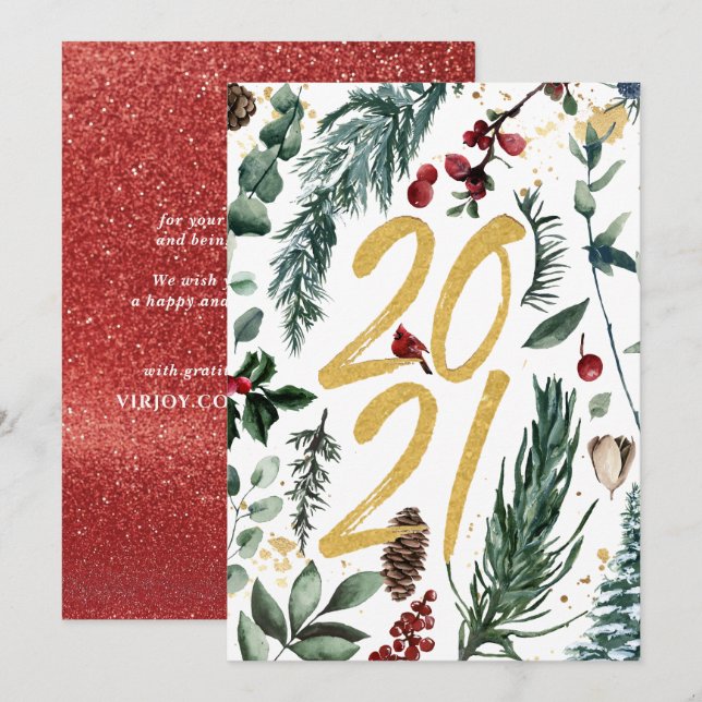 2021 New Year | Corporate Festive Pine Bough Holiday Card (Front/Back)