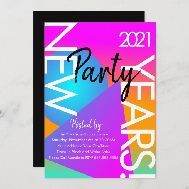 2021 New Years Party Gradient Neon Shapes Invitation (Front/Back)