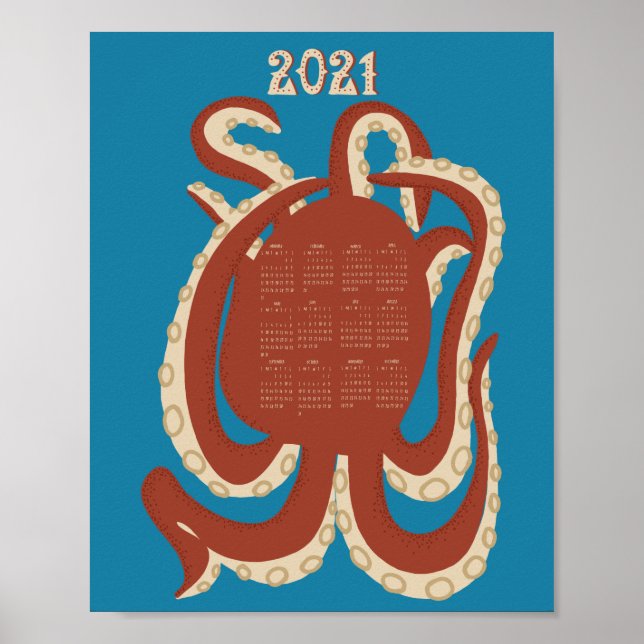 2021 Octopus Red and Blue Calendar Poster (Front)