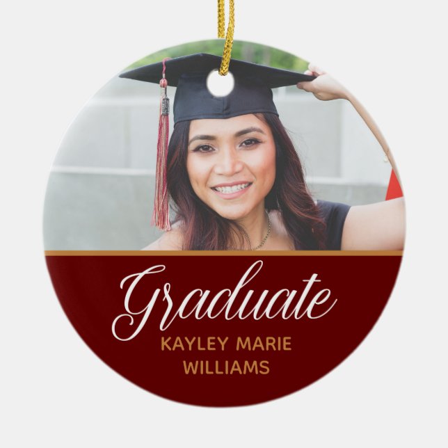 2021 Senior Graduate Photo Red Gold Graduation Ceramic Tree Decoration (Front)