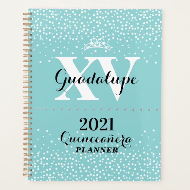 2021 Teal Aqua Blue Silver Glitter XV Quinceañera Planner (Front)