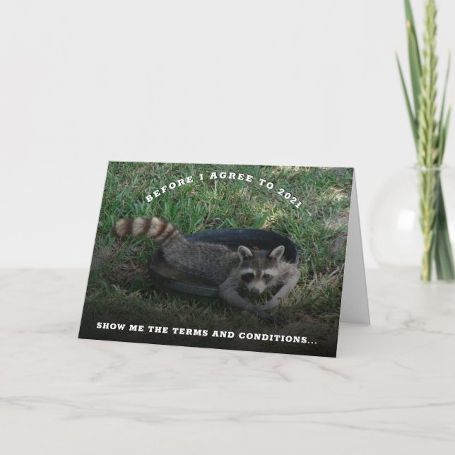 2021 Terms and Conditions | Cute Raccoon New Years Holiday Card (Front)