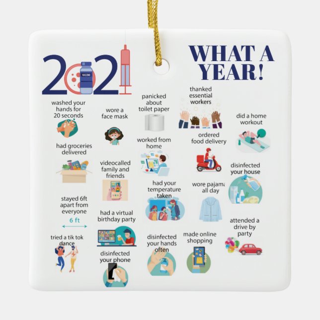 2021 vaccine what a year illustrated  ceramic ornament (Front)