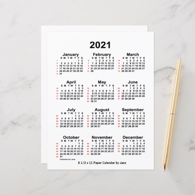 2021 White 52 Week Calendar by Janz 8.5x11 Paper (Front/Back In Situ)