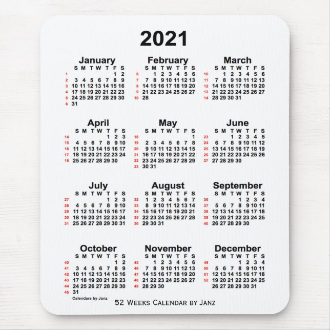 2021 White 52 Week Calendar by Janz Mouse Mat (Front)