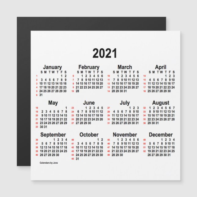 2021 White 52 Weeks Calendar by Janz 5x5 Magnet (Front/Back)