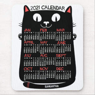 2021 Year Monthly Calendar Mid-Century Black Cat Mouse Mat