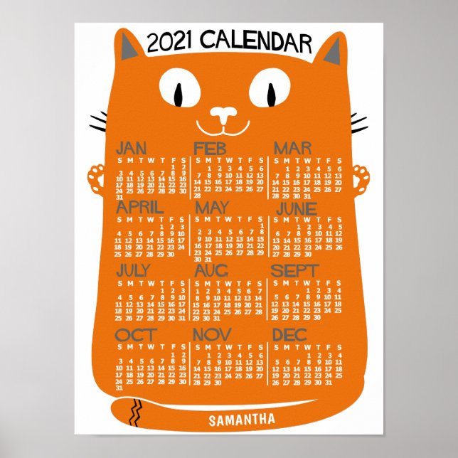 2021 Year Monthly Calendar Mid-Century Orange Cat Poster (Front)
