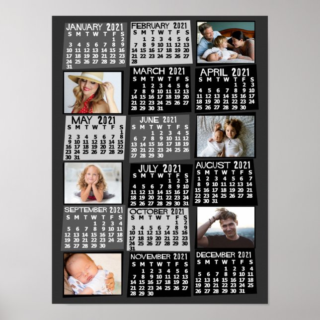 2021 Year Monthly Calendar Photo Collage Mod Black Poster (Front)