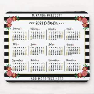 2021 Year Monthly Calendar   Preppy Floral Stripes Mouse Mat