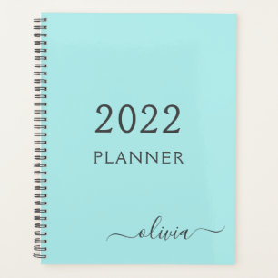 2022 Aqua Blue Teal Girly Script Monogram Name Planner