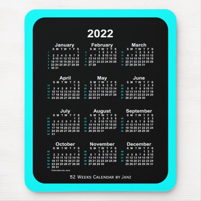 2022 Aqua Neon 52 Week Calendar by Janz Mouse Mat (Front)