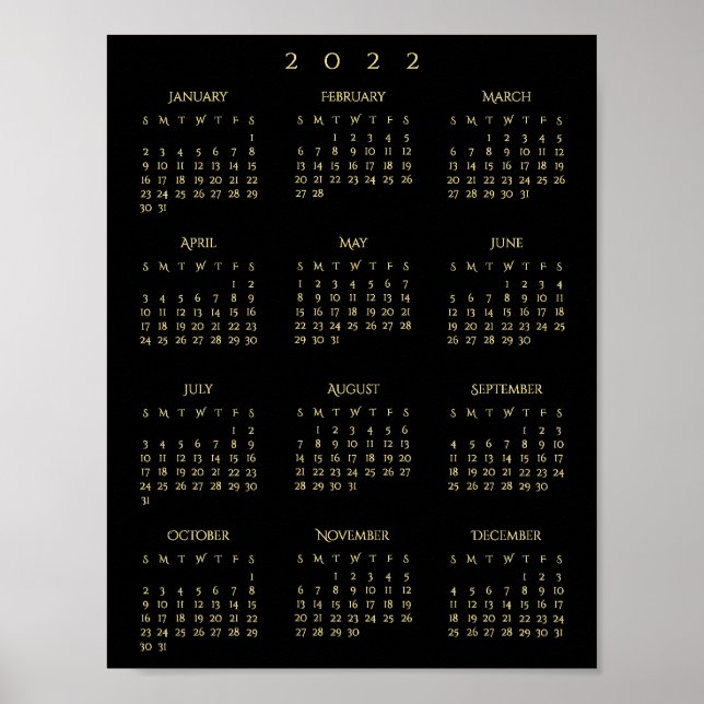 2022 Black Gold Full Year Home Office Calendar Poster (Front)