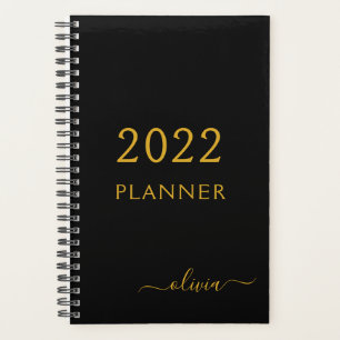 2022 Black Gold Girly Script Monogram Name Modern Planner