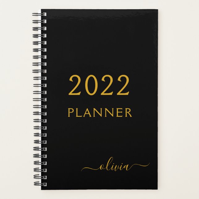 2022 Black Gold Girly Script Monogram Name Modern Planner (Front)