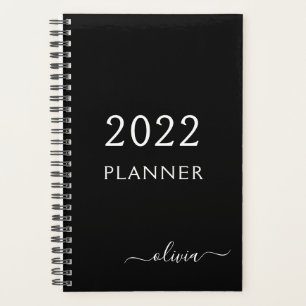 2022 Black White Girly Script Monogram Name Modern Planner