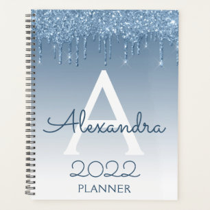 2022 Blue Glitter Drips Sparkle Monogram Planner