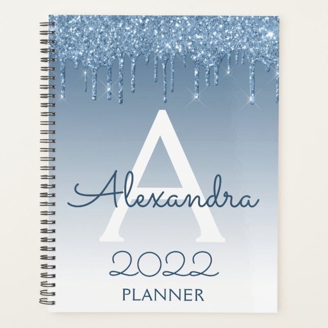 2022 Blue Glitter Drips Sparkle Monogram Planner (Front)