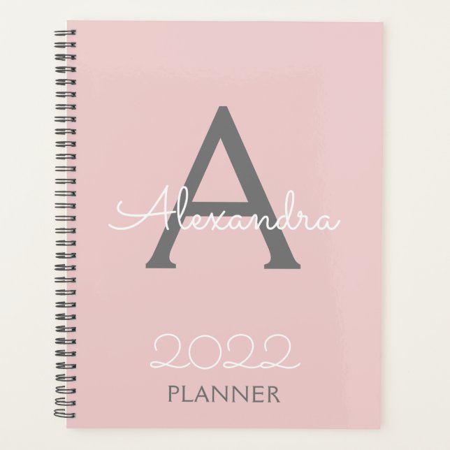 2022 Blush Pink Grey Monogram Elegant Planner (Front)