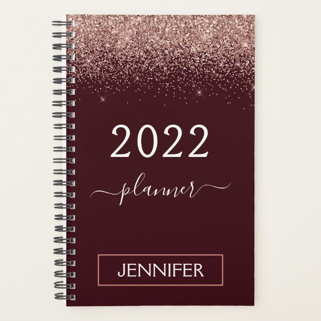 2022 Burgundy Blush Pink Rose Gold Glitter Planner (Front)
