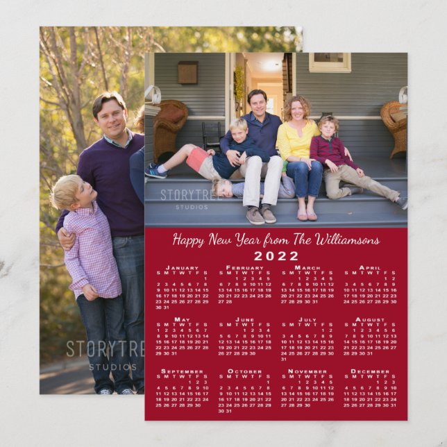 2022 Calendar 2 Custom Photos Red Happy New Year Holiday Card (Front/Back)