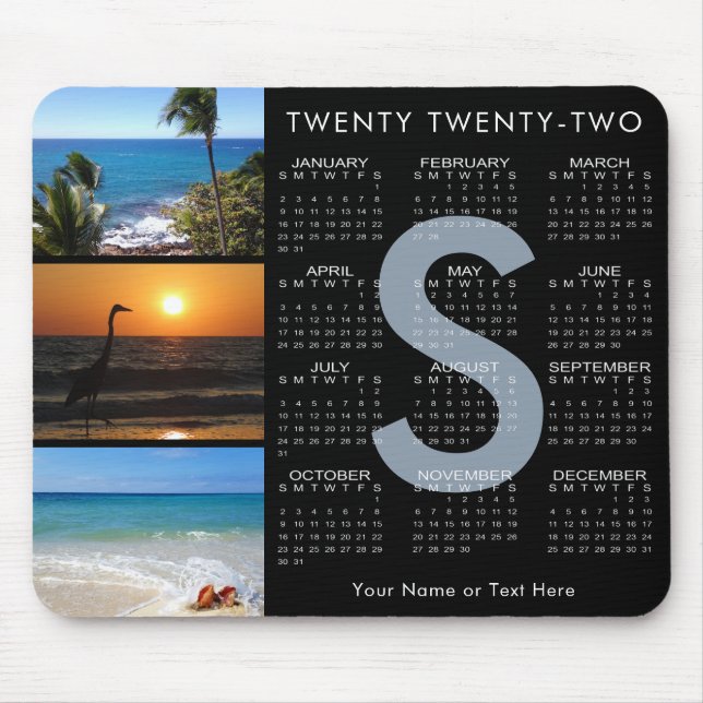2022 Calendar 3 Photo Collage Monogram Black Mouse Mat (Front)