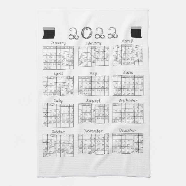 2022 Calendar Black Fabric Font Line Art Textiles Tea Towel (Vertical)