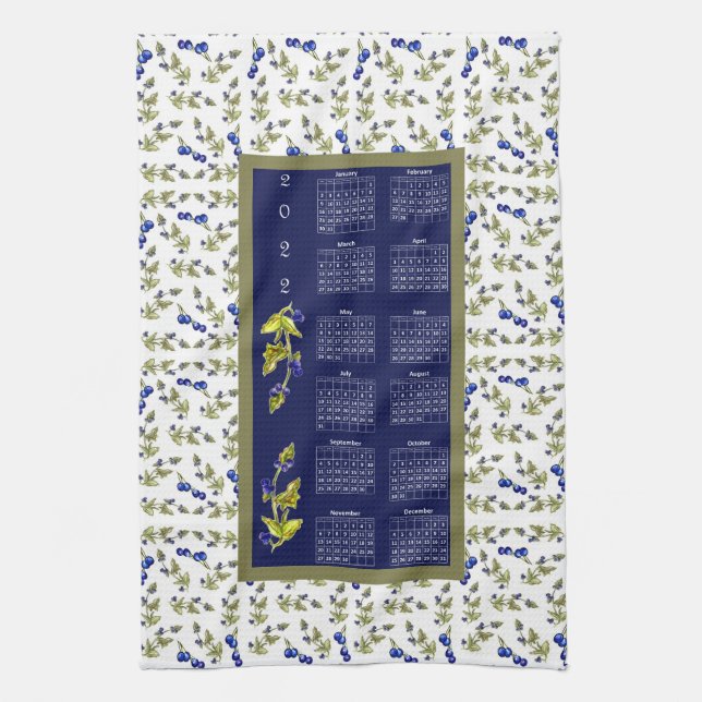 2022 Calendar Blueberries Stemmed Leaves Border Tea Towel (Vertical)