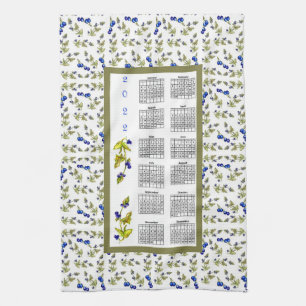 2022 Calendar Blueberries Stemmed Leaves, white Tea Towel