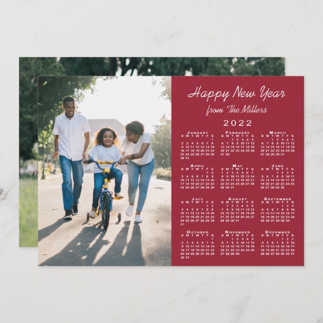 2022 Calendar Burgundy 2 Photo Happy New Year Holiday Card (Front/Back)