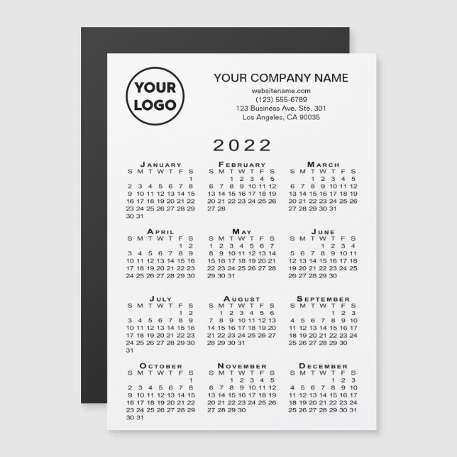 2022 Calendar Business Logo Text White Magnet Card (Front/Back)
