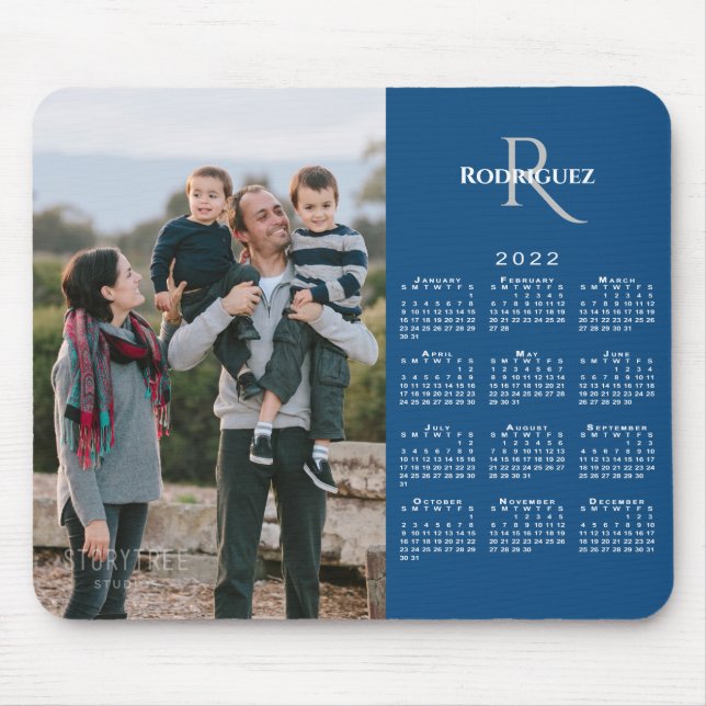 2022 Calendar Custom Photo Monogram Name on Blue Mouse Mat (Front)