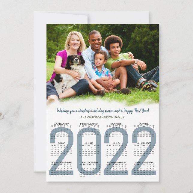 2022 Calendar Family Photo Blue New Year Holiday Card (Front)