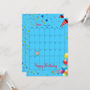 2022 Calendar February Happy Birthday Invitation 