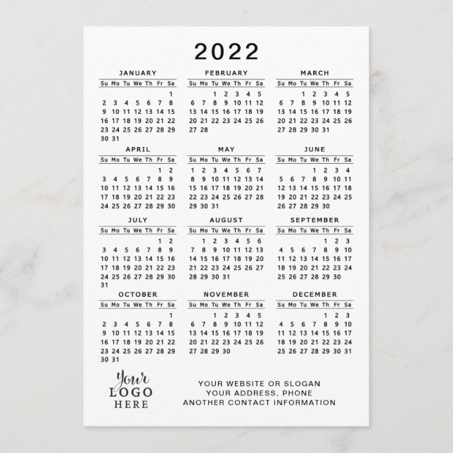 2022 Calendar Full Year White Black Simple Minimal Programme (Front)