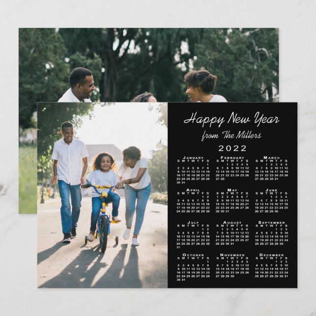 2022 Calendar Modern Black 2 Photo Happy New Year Holiday Card (Front/Back)