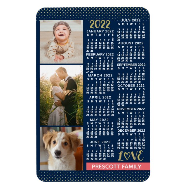 2022 Calendar Navy Coral Gold Family Photo Collage Magnet (Vertical)