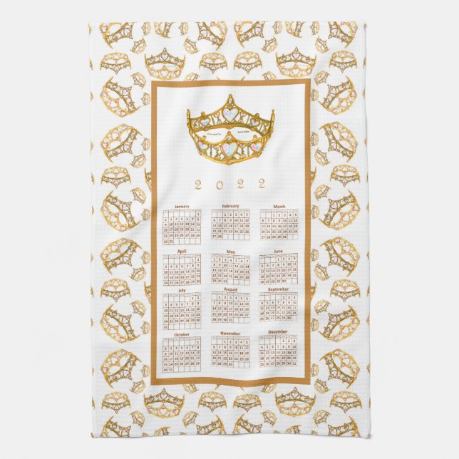 2022 Calendar Queen of Hearts Gold Crown Tiaras Tea Towel (Vertical)