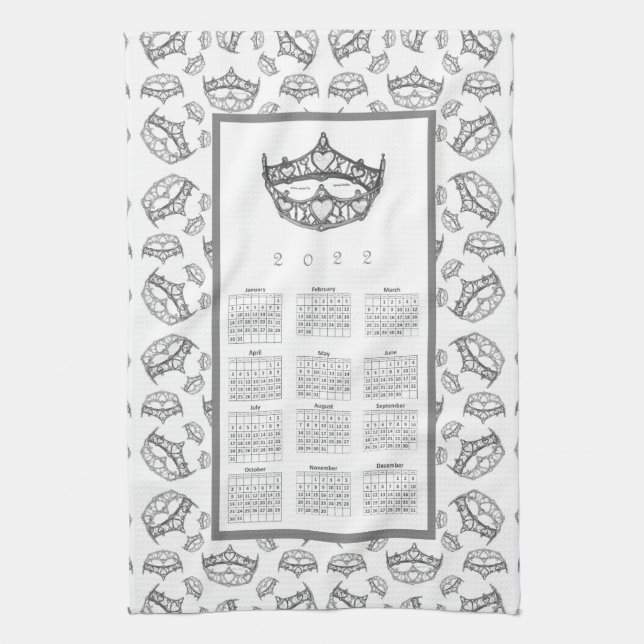 2022 Calendar Queen of Hearts Silver Crown Tiaras Tea Towel (Vertical)