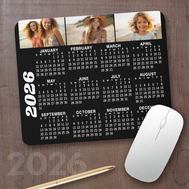 2022 Calendar with 3 Photo Collage - black Mouse P Mat (2026 Calendar with your logo or photos - Great Business Gift or Home Office Decor)