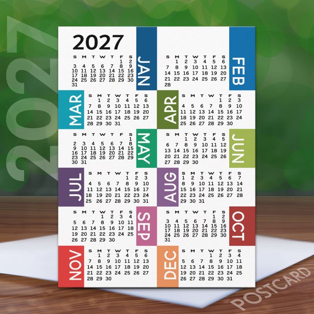 2022 Calendar with funky colourful months Postcard (2027 Calendar on a Postcard)