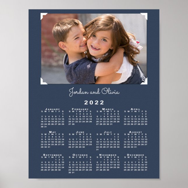 2022 Calendar with Your Photo and Name on Navy Poster (Front)